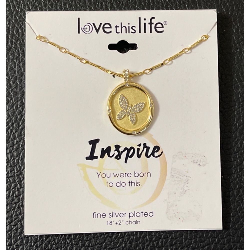 NWT Love this Life Gold Crystal Butterfly Necklace Inscription on Back